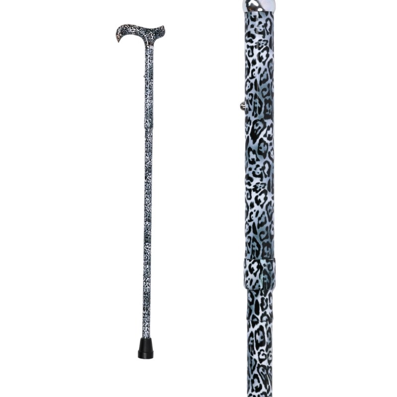 Canne de marche pour femme en aluminium, imprimé élégant léopard de neige, vue de face complète.