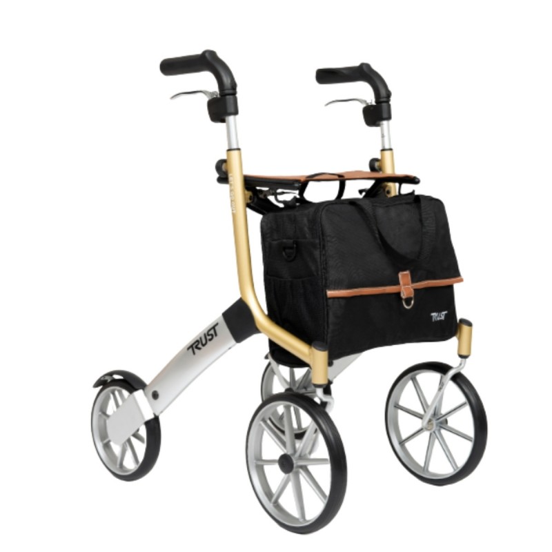 Déambulateur 4 roues Let's Go Out Trustcare beige avec sac noir inclus vue trois quarts