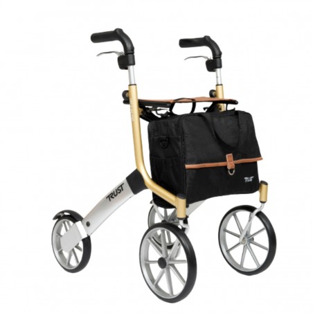 Déambulateur 4 roues Let's Go Out Trustcare beige avec sac noir inclus vue trois quarts