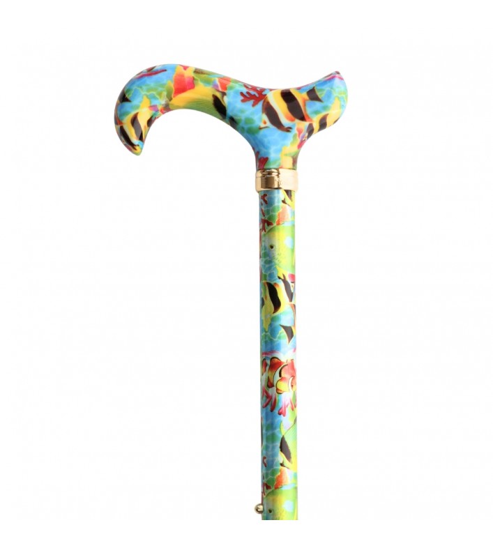 Superbe canne réglable originale motif Bora Bora. Des couleurs vives et une sécurité au pas.