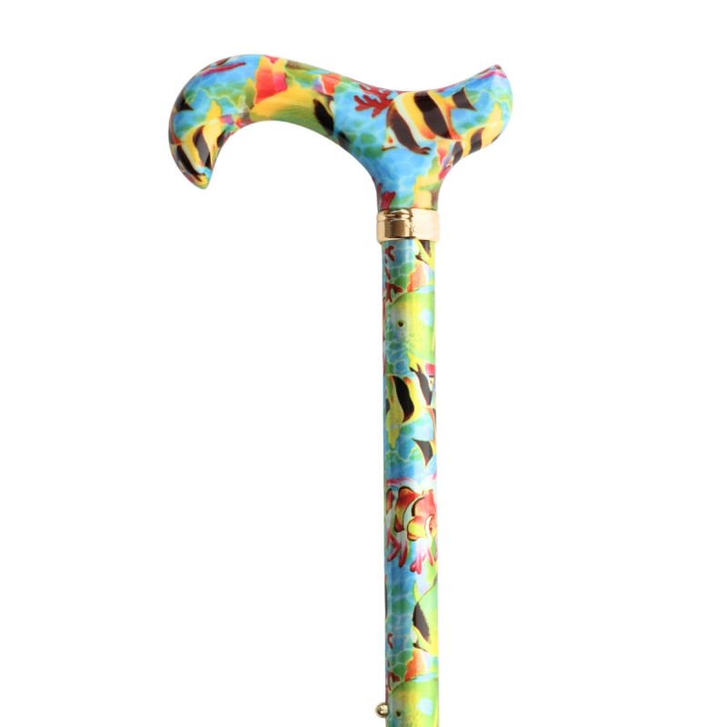 Superbe canne réglable originale motif Bora Bora. Des couleurs vives et une sécurité au pas.