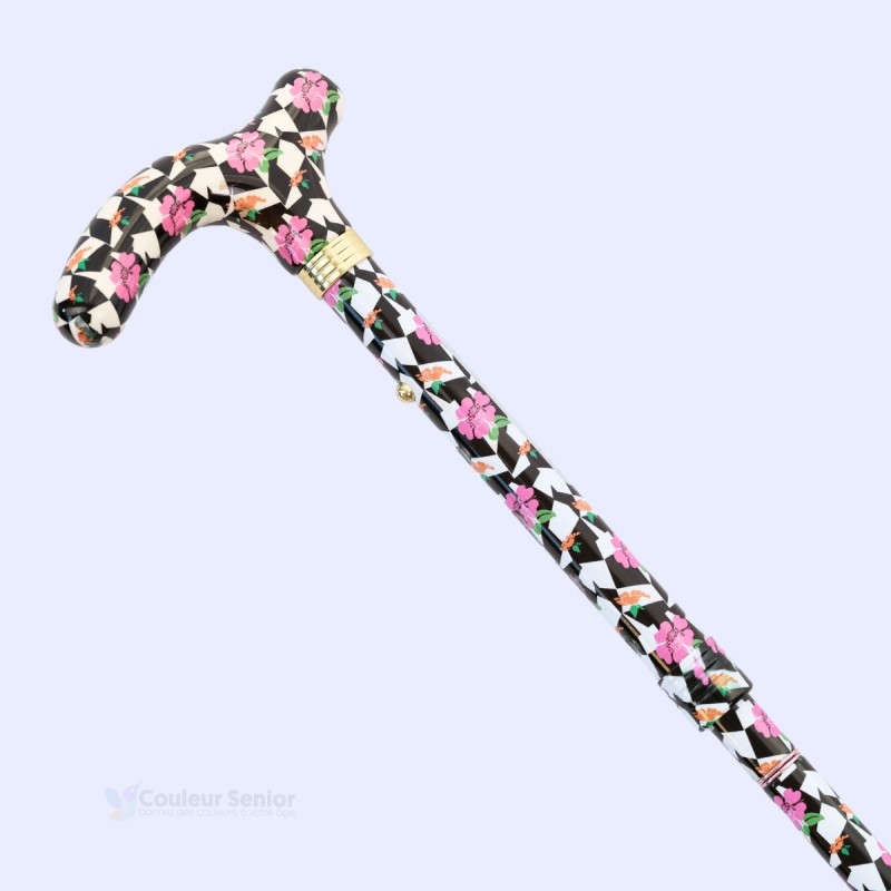 Détail géométrique élégant sur une canne de marche réglable pour femme. Cadeau de luxe original.