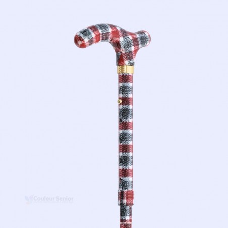Poignée en T sur canne de marche homme-femme, style tartan écossais original, remboursable.
