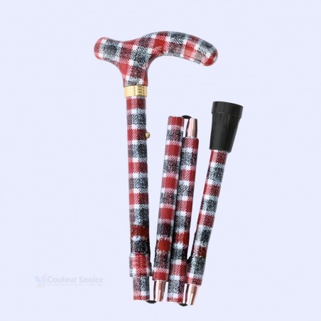 Détail poignée en T, canne de marche motif écossais couleurs rouge et gris, originale cadeau .