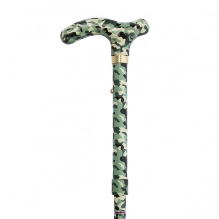 Superbe canne de marche pliable originale, vue gauche du tube supérieur camouflage vert.
