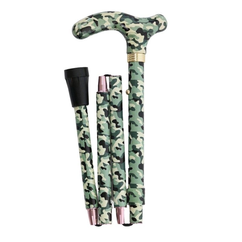 Canne de marche camouflage vert, vue de face, modèle original, disponible en pharmacie.