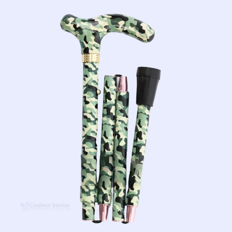 Canne de marche pliable pratique et maniable motif camouflage vert.