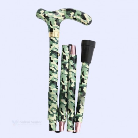 Canne de marche pliable pratique et maniable motif camouflage vert.