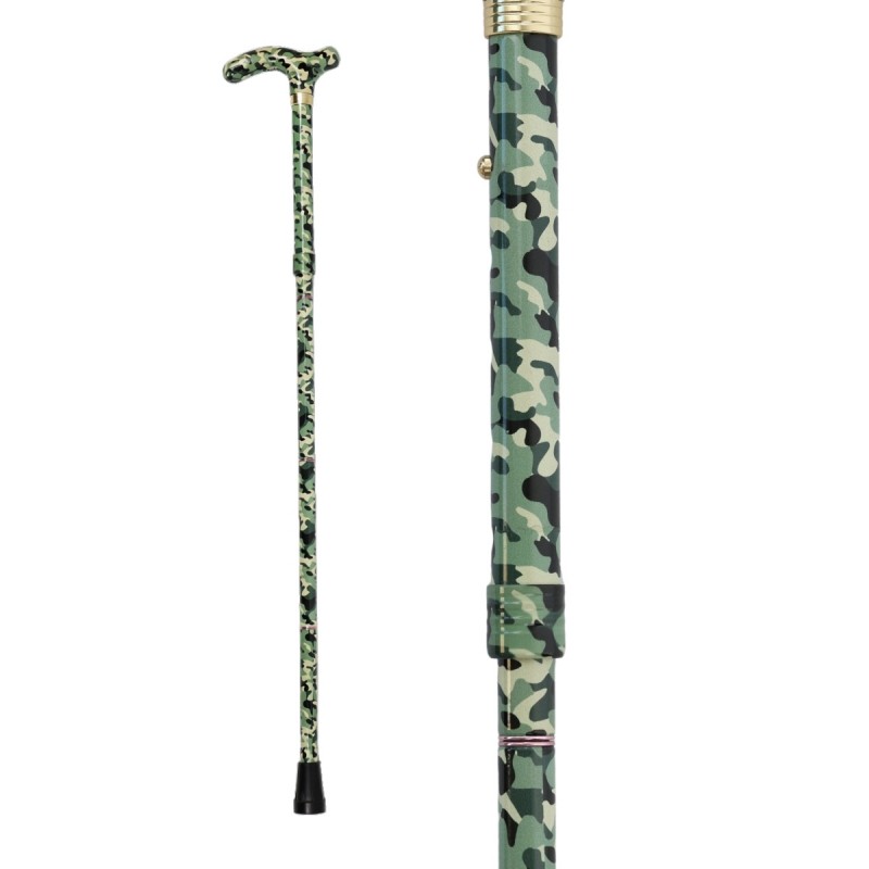 Vue complète de cette canne de marche avec sa poignée T ergonomique et son camouflage vert.