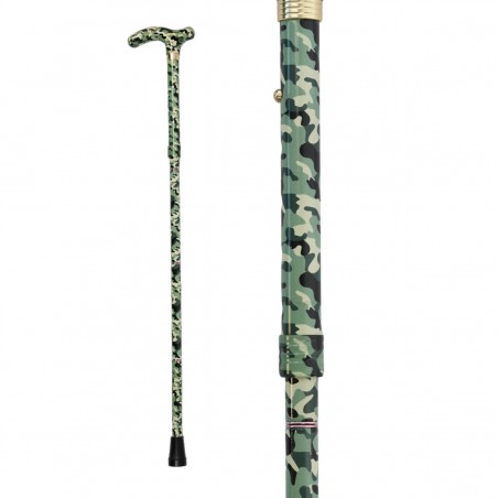 Vue complète de cette canne de marche avec sa poignée T ergonomique et son camouflage vert.
