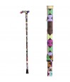 Détail du motif d'une canne de marche pour femme, multicolore, style Sixties original et très féminin.