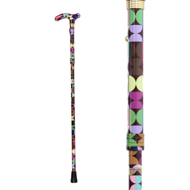 Détail du motif d'une canne de marche pour femme, multicolore, style Sixties original et très féminin.