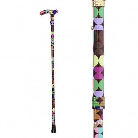 Détail du motif d'une canne de marche pour femme, multicolore, style Sixties original et très féminin.