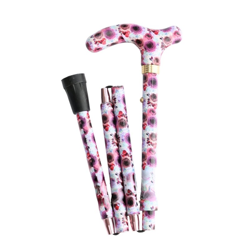 Canne de marche pliable, originale, de fleurs roses, légère et pratique. Cadeau femme sœur, mère, grand-mère.