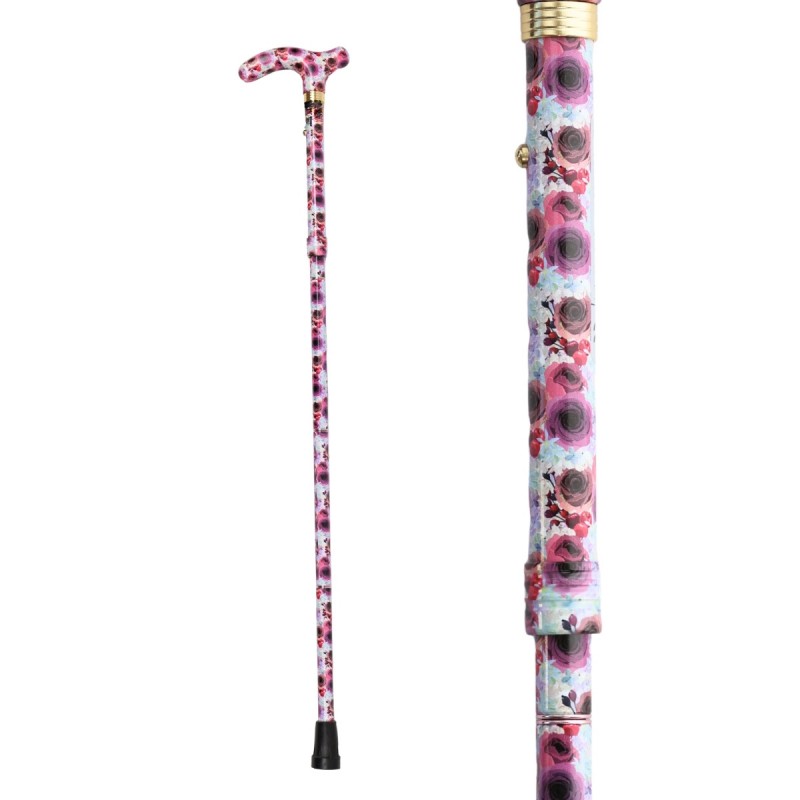 Détail du motif floral sur une canne de marche pliable. Avec possibilité de remboursement par la sécurité sociale.