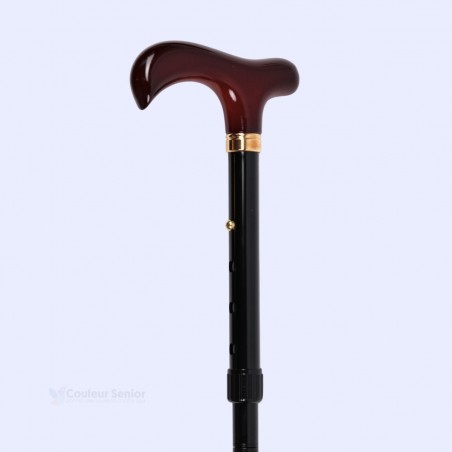 Vue à 45 degrés de cette canne de marche noire, poignée en bois pour petite taille.