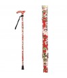 Belle canne de marche pliante fond rouge et fleurs blanches. Un cadeau offrant un appui robuste.