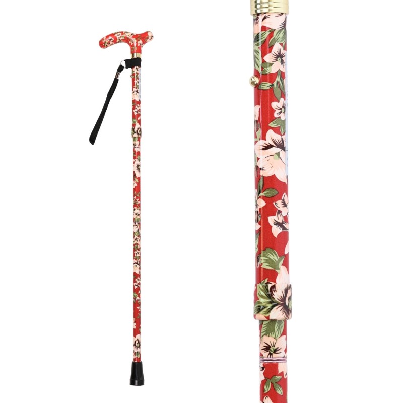 Belle canne de marche pliante fond rouge et fleurs blanches. Un cadeau offrant un appui robuste.