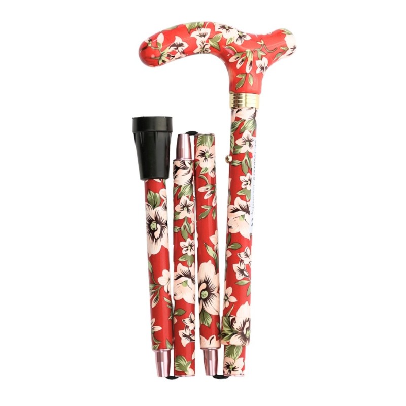 Superbe canne pliante originale motif fleurs blanches sur fond rouge. Une marche très sûre.