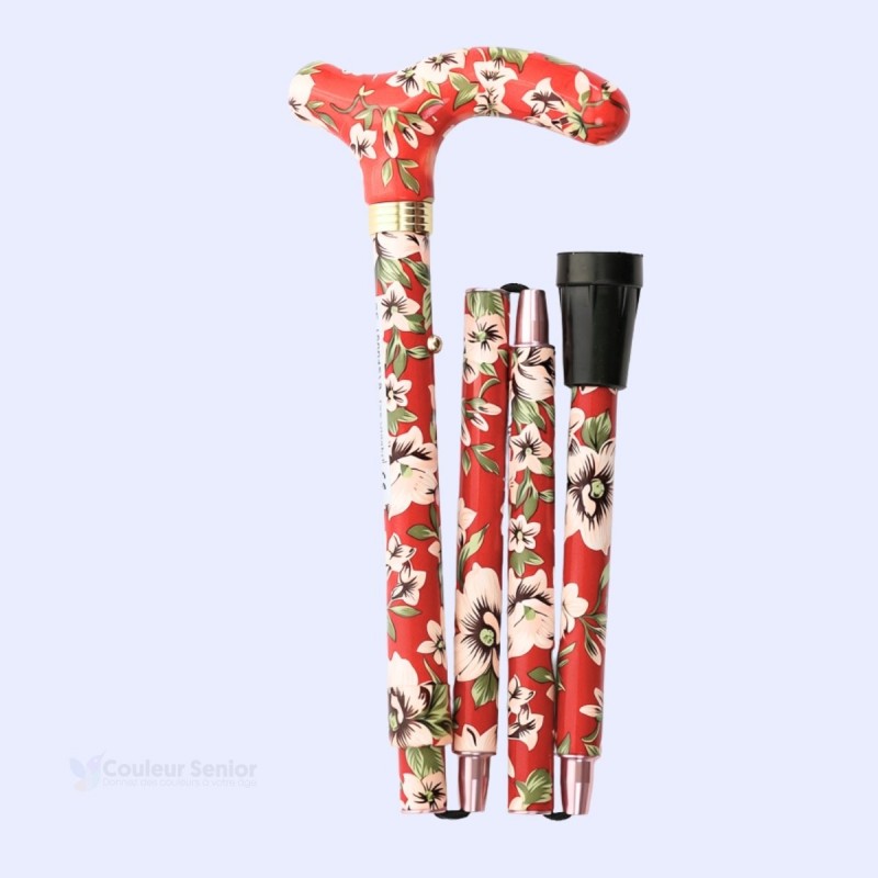 Détail du système de pliage de la canne fond rouge. Elle se range très facilement dans un sac.