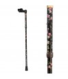 Vue complète magnifique canne de marche pour femme pliable anatomique, motif fleuri sur fond noir.