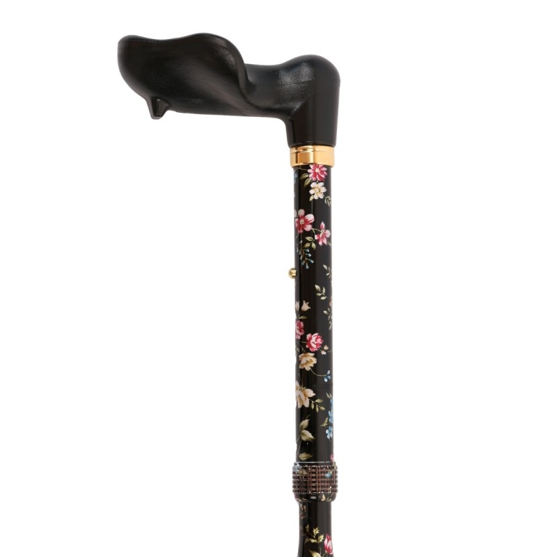 Canne de marche orthopédique pliable gauche en aluminium, légère, ornée d’un motif féminin fleuri.
