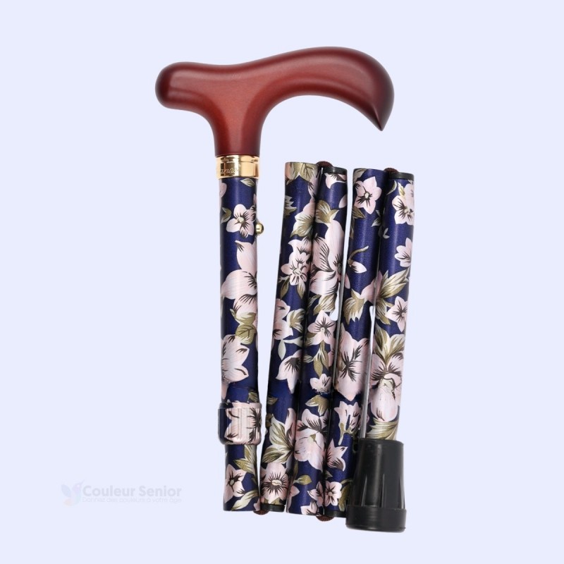 Vue droite de la canne de marche femme pliable, cadeau grand mère très pratique.