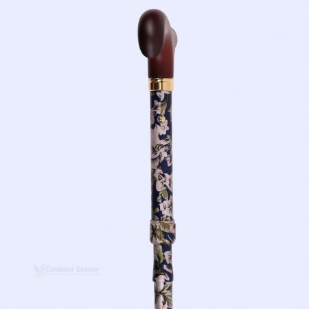 Vue 45 degrés poignée derby canne de marche femme pliable aluminium bleu marine.