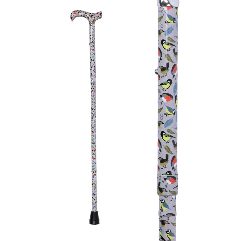 Belle canne de marche pliante motif oiseaux des jardins en aluminium. Un appui élégant.