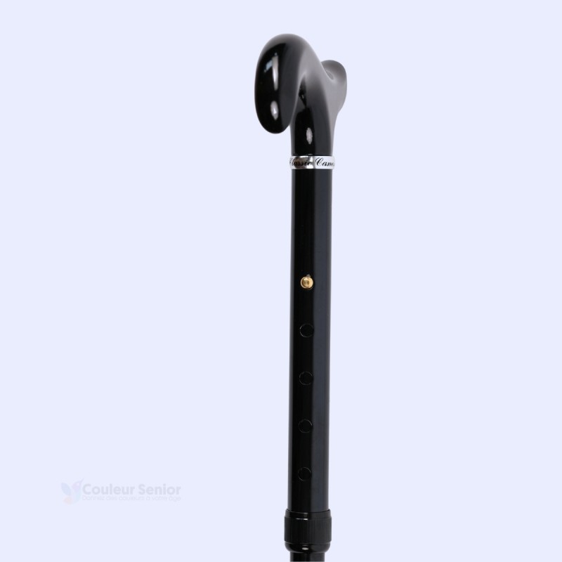 Focus sur le tube en aluminium robuste de cette canne noire. Solidité et légèreté au quotidien.