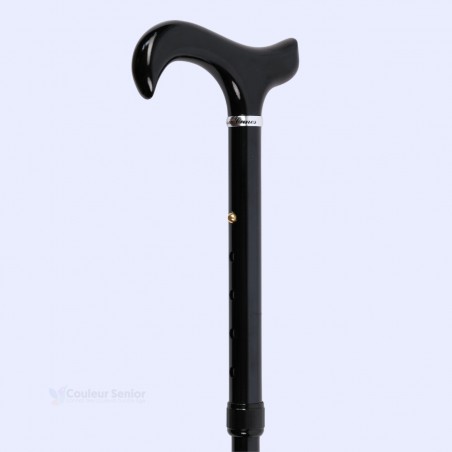 Détail du système de pliage de la canne noire grande taille. Elle se range très facilement.