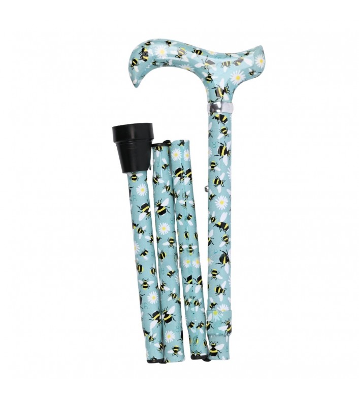 Superbe canne pliante motif abeilles sur fond aqua. Une marche très sûre et confortable.