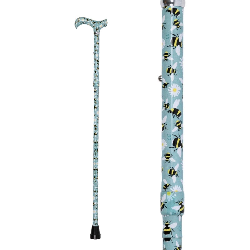 Belle canne de marche pliante fond aqua avec de jolies abeilles. Un appui très élégant.