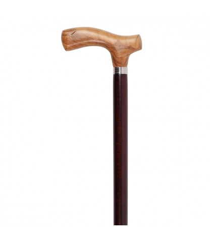 Canne de marche originale, poignée en T en bois d'olive et fût en bois de hêtre de qualité.