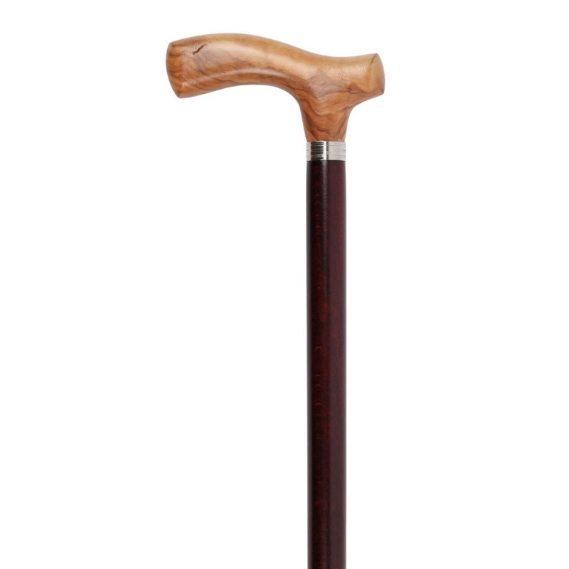 Canne de marche originale, poignée en T en bois d'olive et fût en bois de hêtre de qualité.