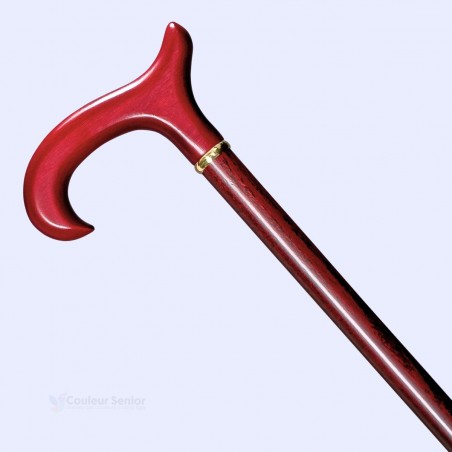 Profil de la canne en bois rouge acajou. La poignée bien orientée assure une marche sûre.