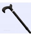 Vue diagonale: canne de marche sobre, en aluminium discret, poignée T confort pour homme et femme.
