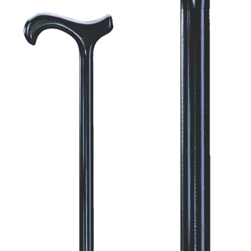 Belle canne de marche en bois de hêtre teinté noir satiné. Un appui sobre et confortable.