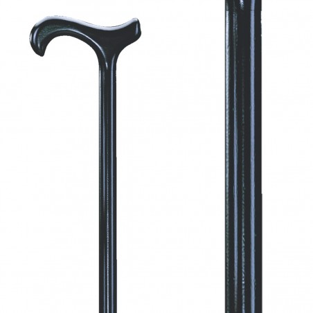 Belle canne de marche en bois de hêtre teinté noir satiné. Un appui sobre et confortable.