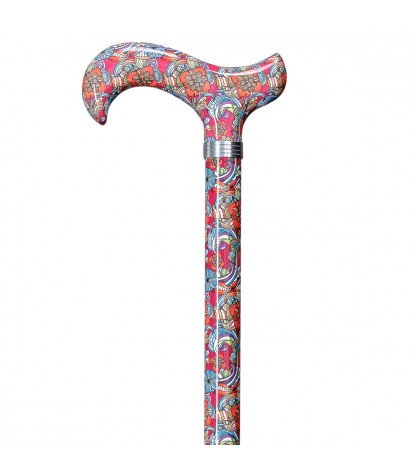Superbe canne réglable en aluminium au motif floral rouge. Un soutien stable et très chic.