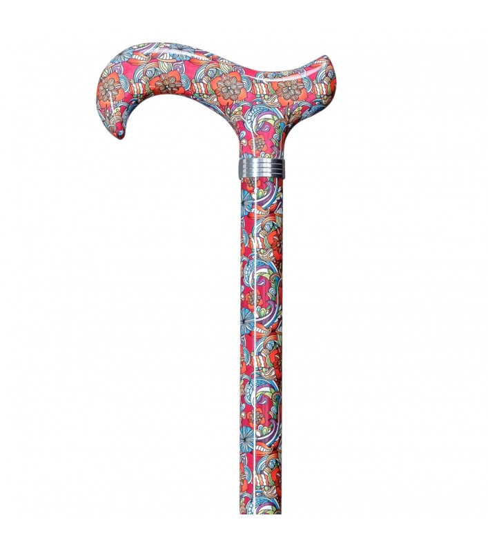 Superbe canne réglable en aluminium au motif floral rouge. Un soutien stable et très chic.