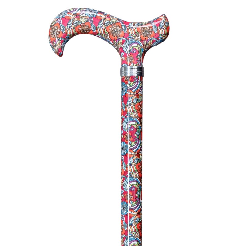 Superbe canne réglable en aluminium au motif floral rouge. Un soutien stable et très chic.