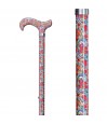 Belle canne de marche réglable motif fleurs rouge et turquoise. Un appui confortable.