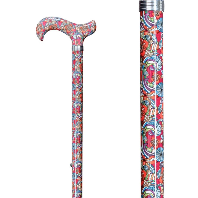 Belle canne de marche réglable motif fleurs rouge et turquoise. Un appui confortable.