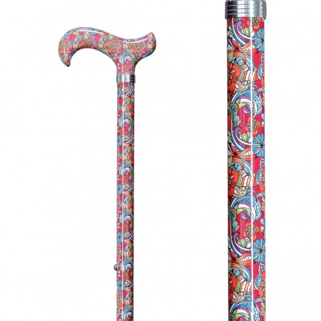 Belle canne de marche réglable motif fleurs rouge et turquoise. Un appui confortable.