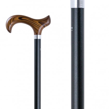 Belle canne de marche en aluminium noir avec poignée en bois dur. Un appui très solide.