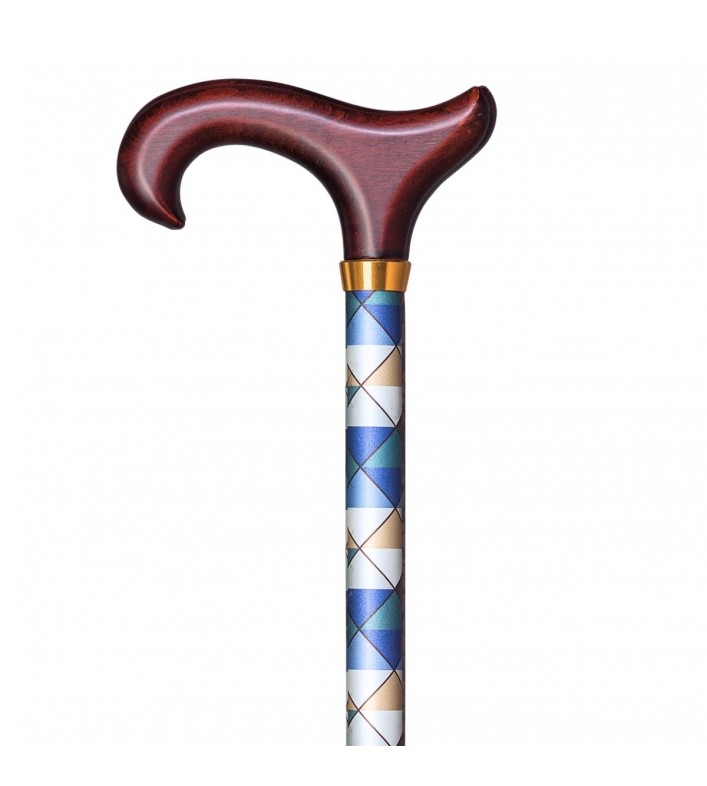 Canne de marche réglable Arlequin, losanges bleus, verts et argent, poignée Derby en bois