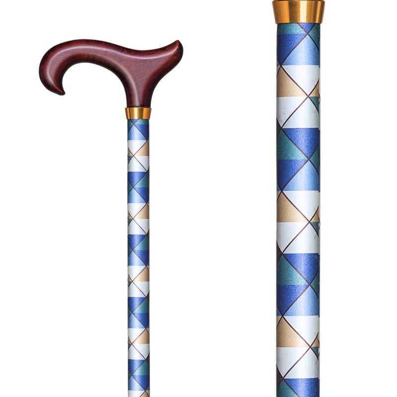 Belle canne de marche réglable motif losanges avec poignée en bois. Un appui fin et léger.