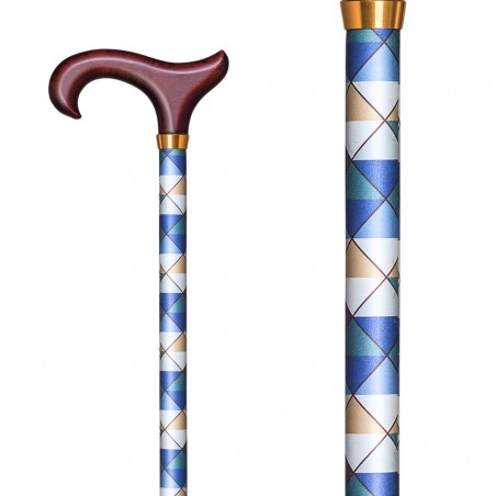 Belle canne de marche réglable motif losanges avec poignée en bois. Un appui fin et léger.
