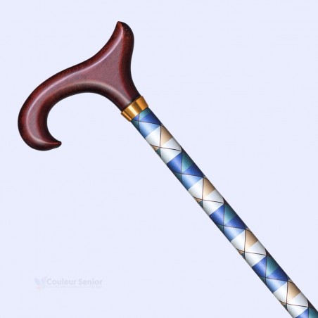 Profil de la canne graphique bleu argent. La poignée bien orientée assure une marche très sûre.